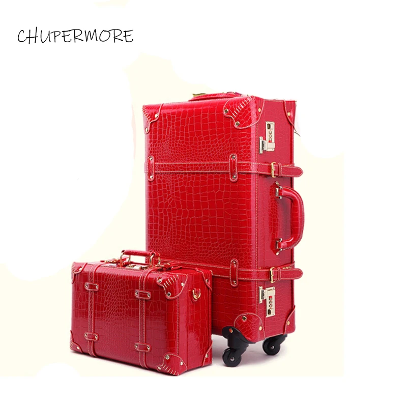 US $122.85 Chupermore Retro Red PU Leather Rolling Luggage Sets Spinner Women Wedding Suitcase Wheels Cabin Password Trolley Travel Bags