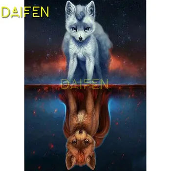 

Full Round Diamond embroidery Cross stitch Full Square Diamond painting white brown fox Reflection animal DIY 3D Diamond mosaic