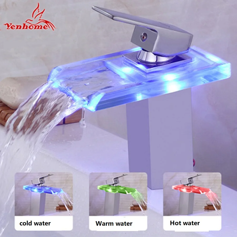 

Bathroom Waterfall Led Faucet Color Changing Solid Brass Body Basin Faucets Bathroom Mixer Tap Deck Mounted With Install Hoses