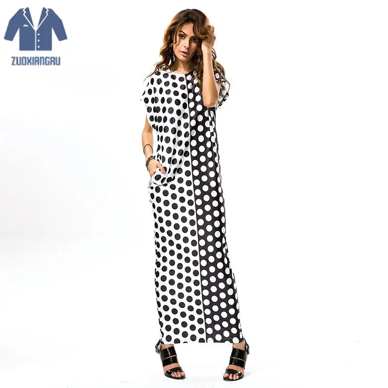 

Zuoxiangru Summer Fashion Retro Elegant Women's Print Black White Dot Dress New Loose Waist Round Neck Short-sleeved Dress