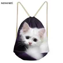 INSTANTARTS милые 3D Животные Белый Кот печати для женщин и мужчин мешки с Кулиской Softback хранения рюкзаки дорожная Пляжная сумка для девочек-подростков