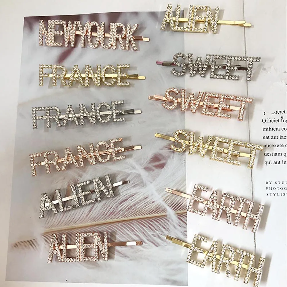 

2019 Women Fashion Letter Word Rhinestone Crystal Hairpin Hairclips Elegant Headwear Grip pin Barrette Ornament Hair Accessories