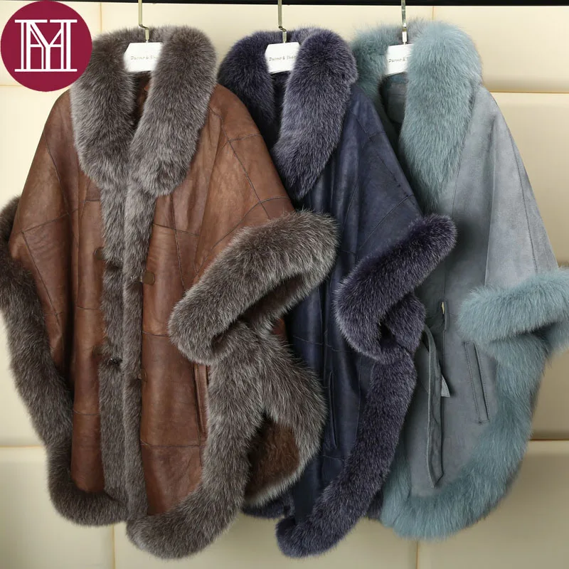 

2017 Brand luxury women autumn winter real Merino wool fur wraps with real fox fur collar pashmina fashion girls warm shawl