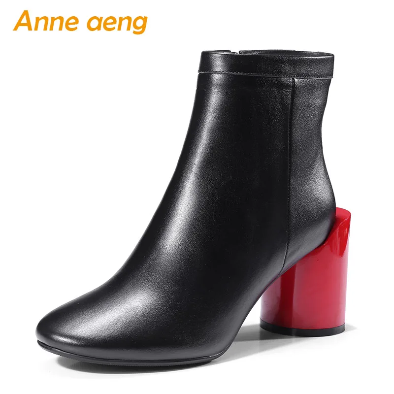 

2019 New Genuine Leather Women Ankle Boots High Heels Square Toe Zip Fashion Sexy Ladies Boots Black Women Cow Leather Shoes