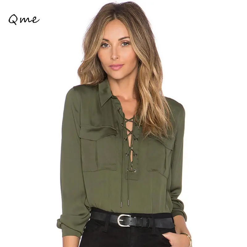 Women shirts tie front blouse turn down collar lace up