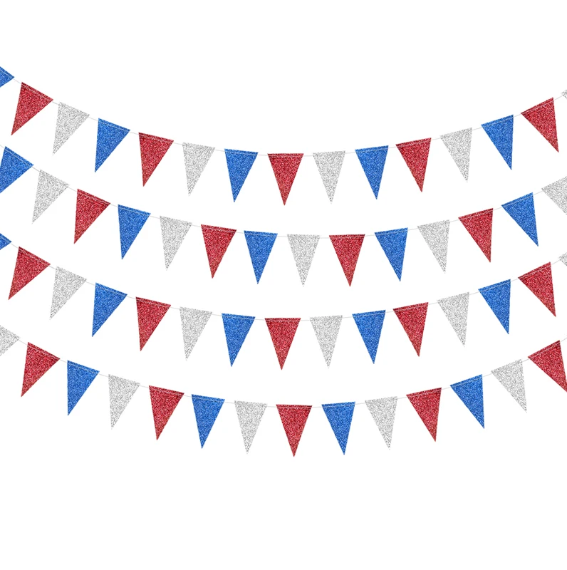 

Red Blue Silver White Triangle Pennant Banner Kit for Fourth 4th of July USA American Independent Day Decoration