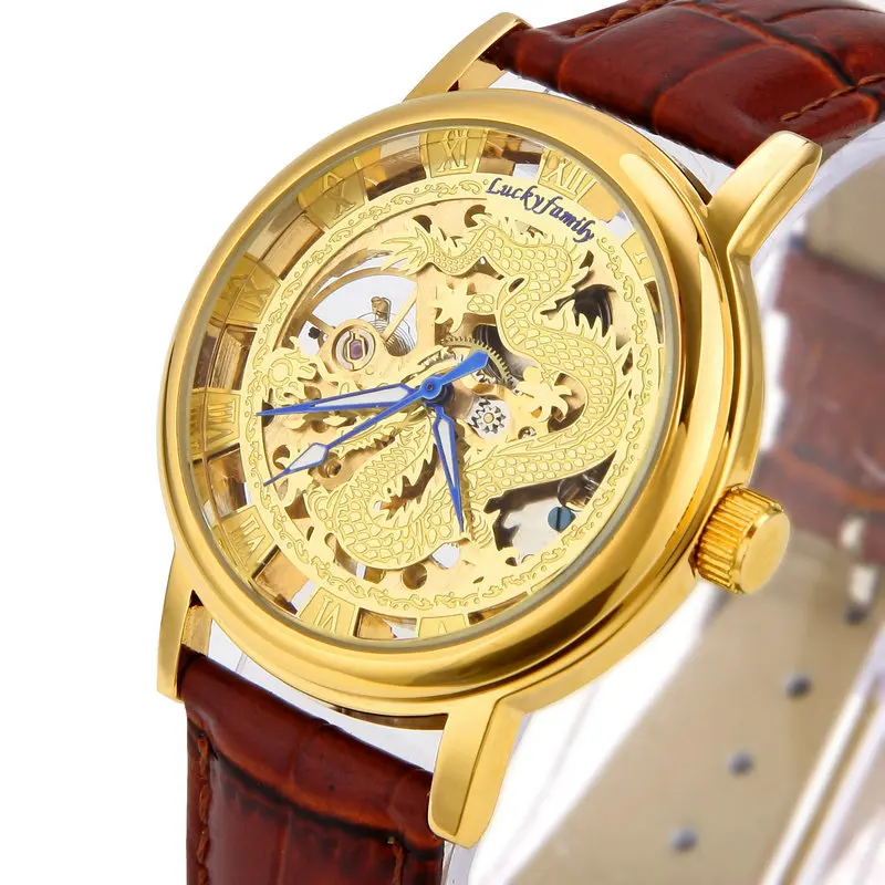 

G6863 Unisex Dragon Pattern Cut-out Manual Wind Analog Mechanical Mens Watches with Faux Leather Strap Siver Gold Wristwatches
