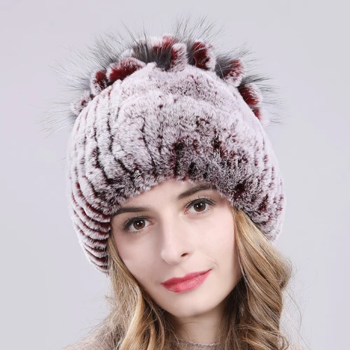 Women Natural Real Rex Rabbit Fur Beanies Hats Winter Warm Knitted Rex Rabbit Fur Caps New Female With Fox Fur Skullies Hat - Цвет: color 8