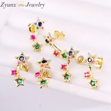 10 пар, Золотая Звезда Прямоугольная форма Радужный Цирконий ювелирные серьги CZ микро проложить серьги гвоздики для женщин леди