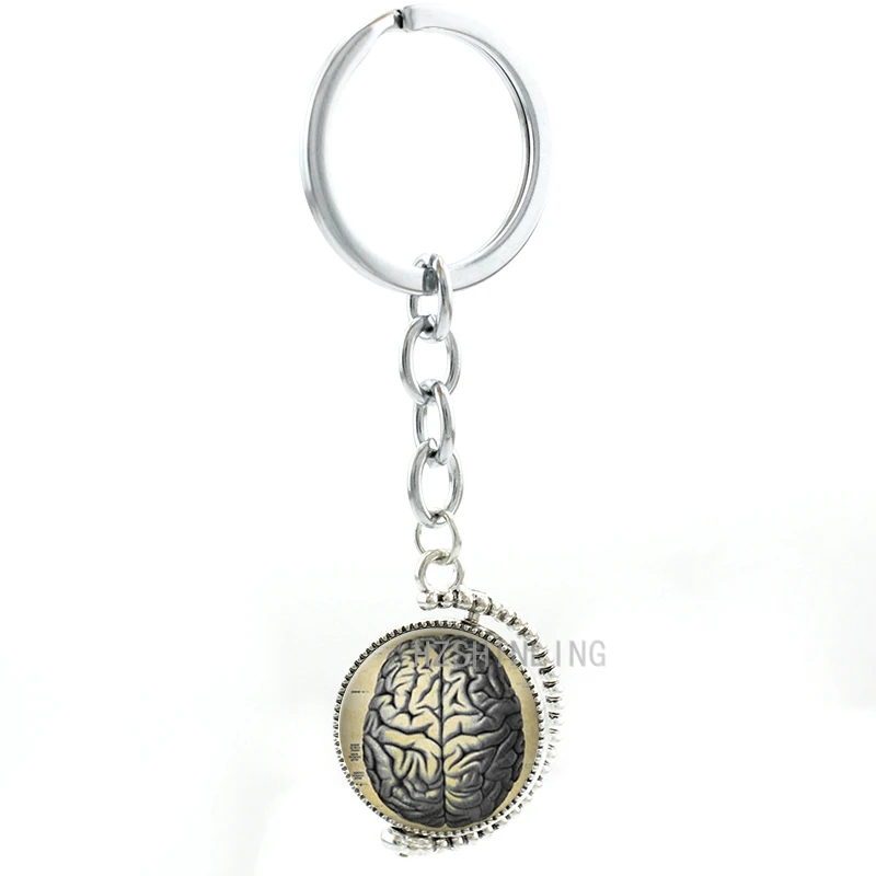 

Vintage Human Anatomy Brain keychain Weird Cool Science double sides pendant hospital doctor Biology key chain ring holder T208