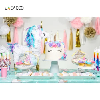 

Laeacco Unicorn Cake Balloons Baby Birthday Party Photography Background Customized Photographic Backdrops For Photo Studio