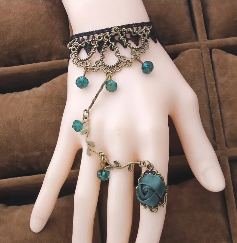 Готический браслет черный кружевной палец рука цепь ЖГУТ женский браслет Металлический Кристалл Шарм стимпанк Леди Винтажные Ювелирные изделия - Окраска металла: green