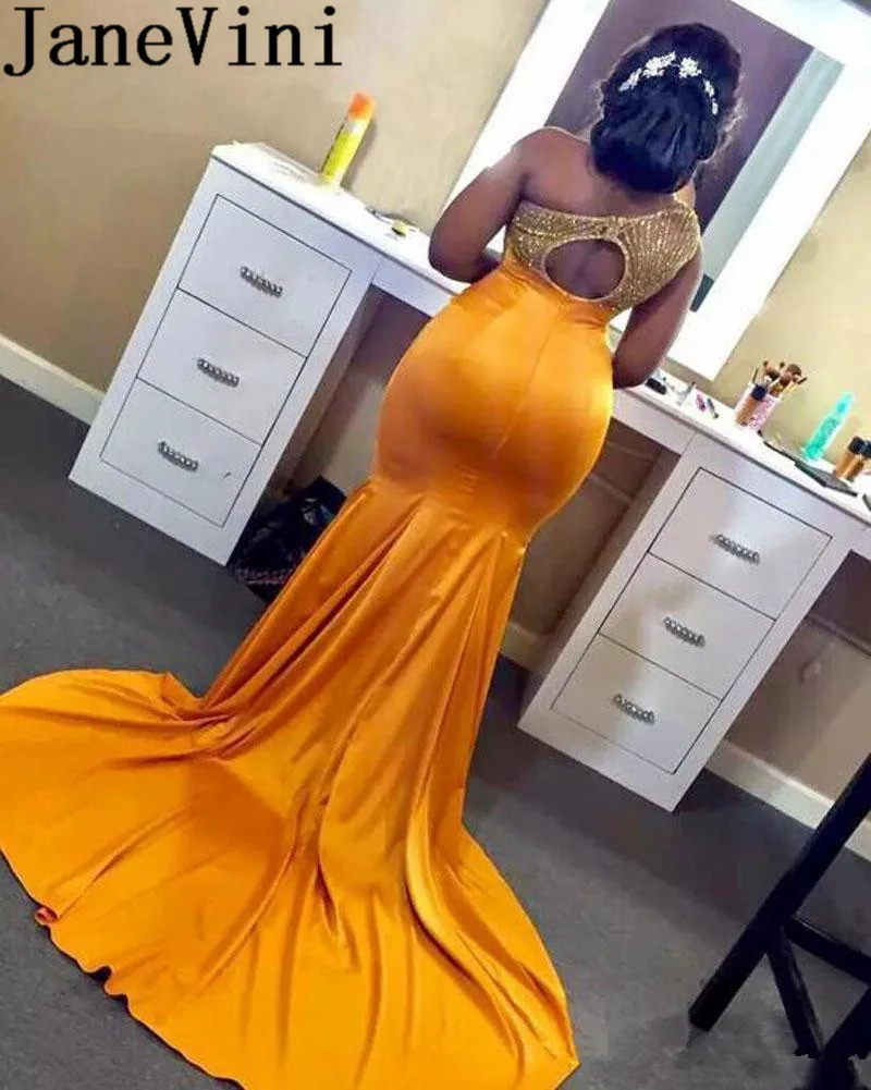 Gold Plus Size Mermaid Prom Dresses One Shoulder Hollow Back Sweep Train Beads Long Formal Evening Party Gowns Special Occasion Dress_