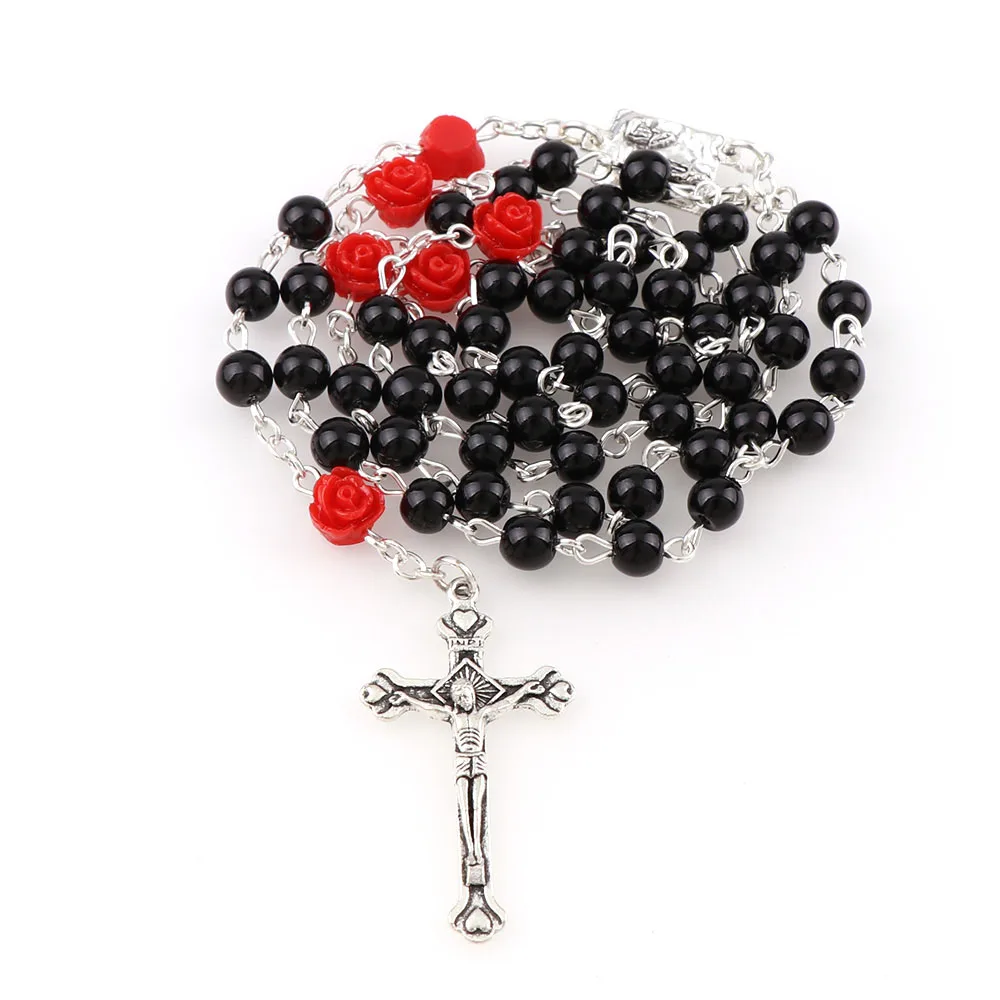 6 мм Стеклянная имитация жемчуга бисера священные четки ожерелье с цветком розы серебряный крест Lourdes центр четки