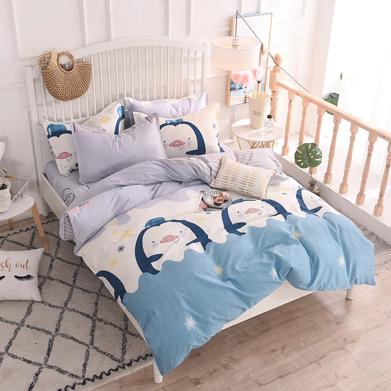 

Cartoon Blue Penguin Pattern Bedding Set Cotton Soft 4Pcs King Queen 4 Size Boho Bed Set Duvet Cover Bed Sheet Set Pillowcase