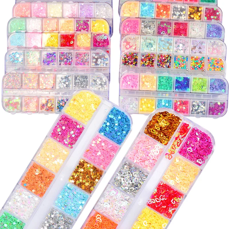 

12 Color Nail Glitter Sequins Paillette Mixed Size Shaped Mini Round Rhombus 3D Flakes Nail Art Tips Decorations Set
