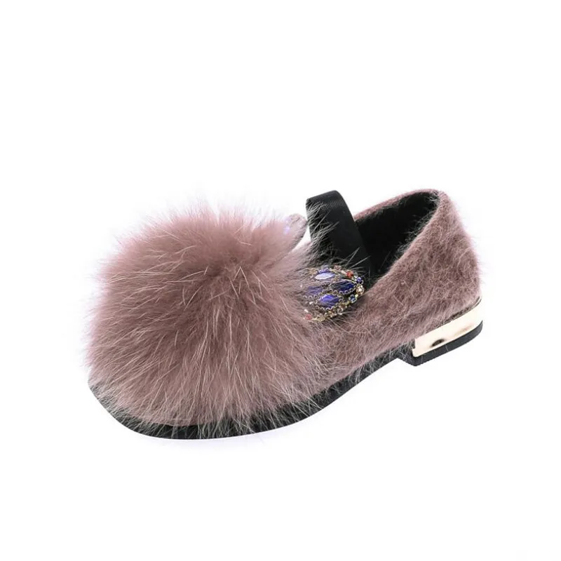 

Girls Ball Fur Decor Casual Shoes Crystal Ear Round Toe Slip-on Children Shoes Spring Kids Moccasin-gommino Warm Cotton Pea Shoe