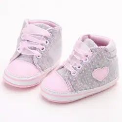 Toddler Girl Shoes Pink Heart Shape Lacing Up Baby Girl Canvas Shoe Dot Printing Anti-slip Soft Sole Toddler Sapato Infantil