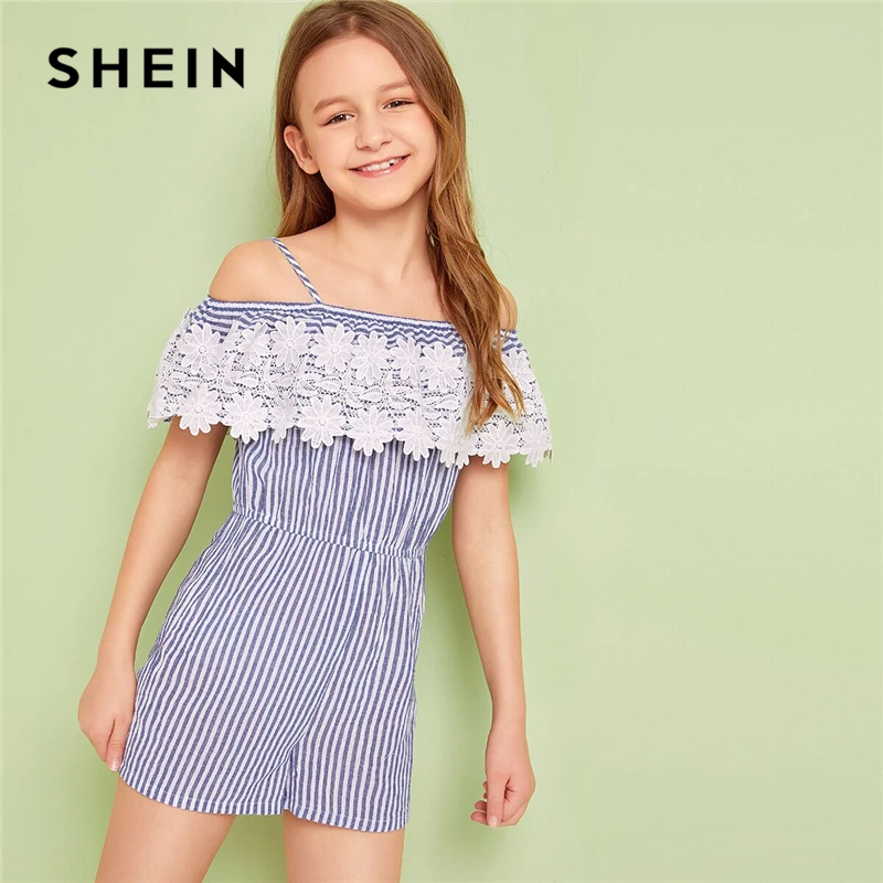 

SHEIN Kiddie Blue Striped Cold Shoulder Appliques Foldover Girls Boho Romper 2019 Summer Holiday Contrast Lace Jumpsuit For Kids