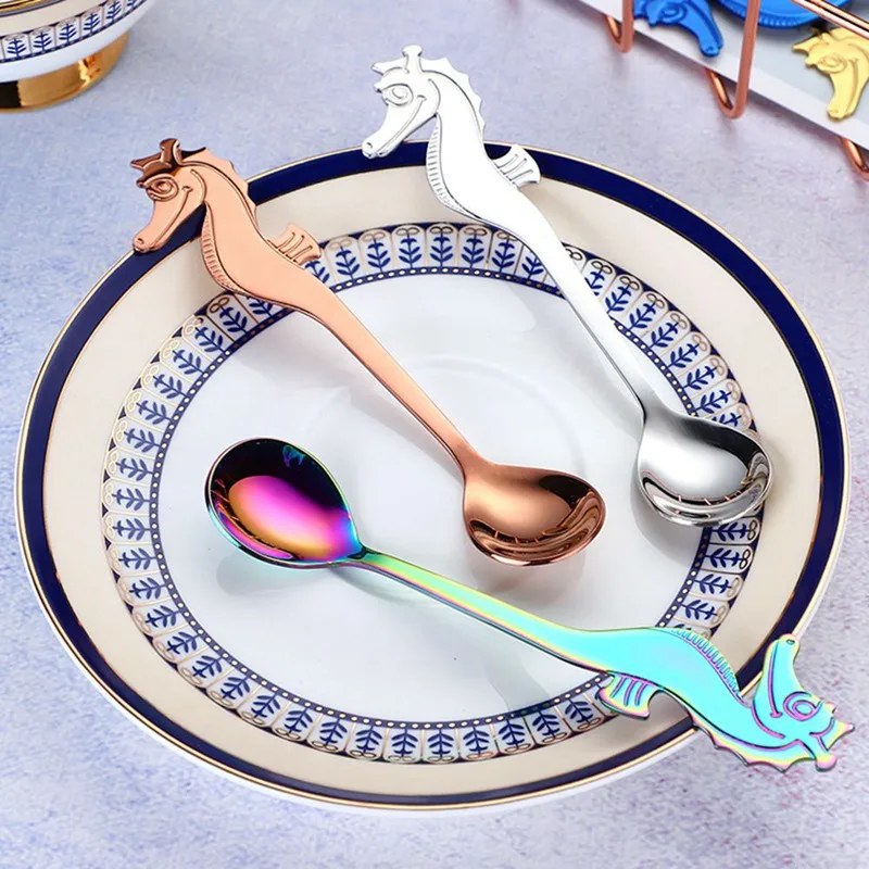 1Pcs Stainless Steel Cartoon Hippocampus Creative Milk Coffee Spoon Ice Cream Teaspoon Dessert Fruit Fork Dropping