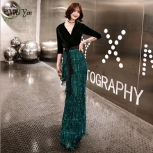 Weiyin зеленые бархатные Вечерние платья Длинные Русалка v-образным вырезом торжественное платье с блестками Abendkleider Женское Платье de soiree longue WY1262