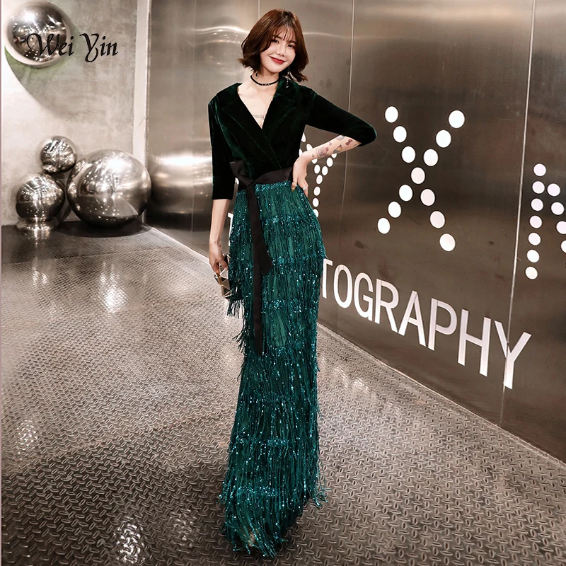 weiyin Green Velvet Evening Dresses Long Mermaid V-Neck Formal Dress Sequined Abendkleider Women robe de soiree longue WY1262