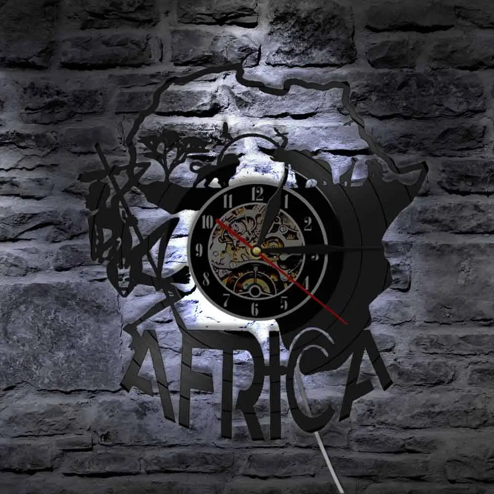 

Retro Africa Map Decor Vinyl Record Wall Clock Africa Patriotic Artwork Laser Cut Clock Watch Night Light Function Patriot Gift