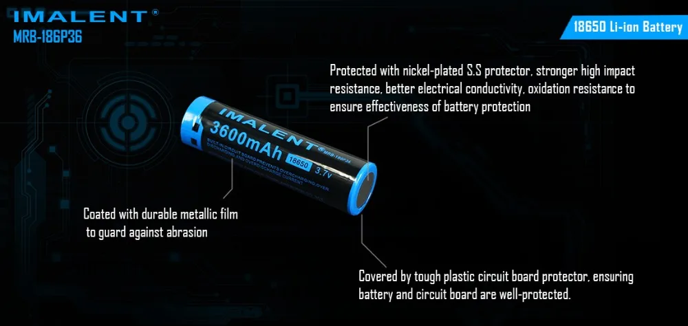 1 шт. IMALENT 18650 3600 мА/ч, MRB-186P36 3,7 в литий-ионная аккумуляторная батарея высокой производительности для большого потока энергии светодиодный фонарики
