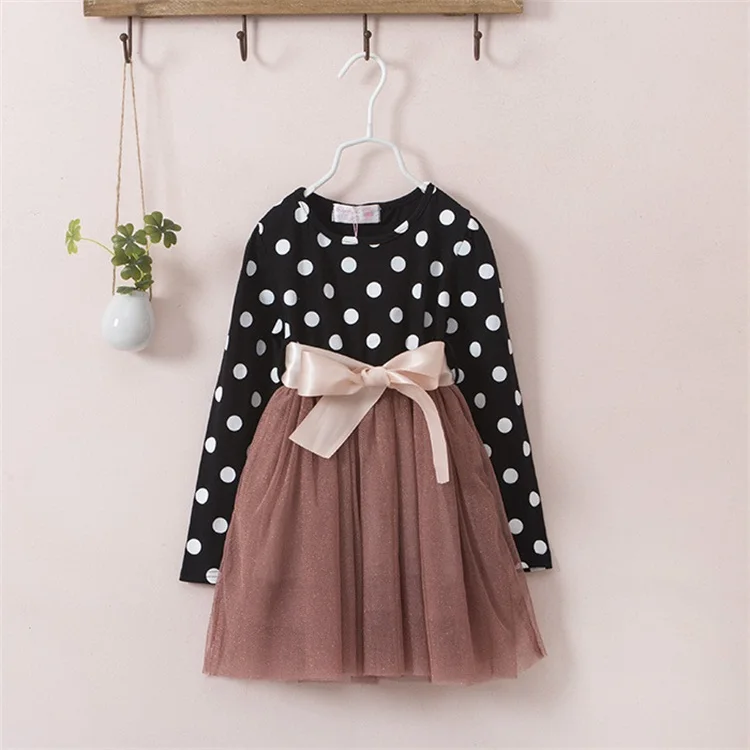 Princess Girls Dress Long Sleeve Dot Patchwork Ball Gown Tulle Dresses For Kids