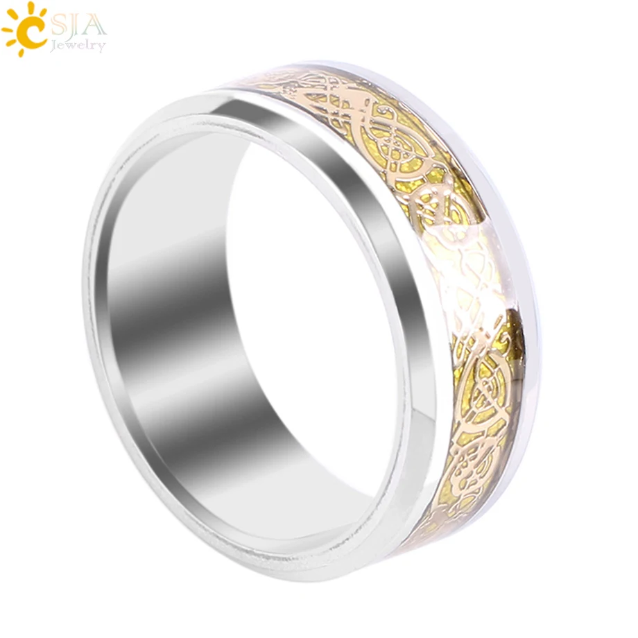 

CSJA Gold-Color Dragon Pattern Inlay Finger Rings Rotatable Never Fade Stainless Steel Jewellery Wedding Band for Lover Men E680