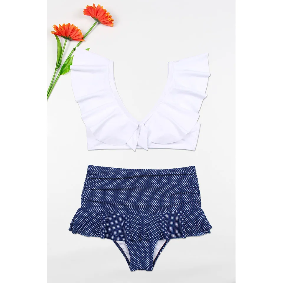 

NAKIAEOI 2019 High Waist Swimsuit Sexy Bikinis Women Swimwear Ruffle Vintage Bandeau White Dot Bottom Bikini Set Bathing Suits