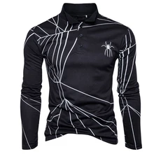 Мода Осень Зима паук сетка печатных черный/белый дышащий с длинным рукавом поло рубашки поло homme мужская одежда