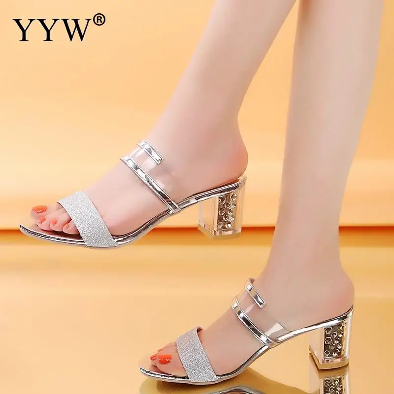 

High Heels Slippers Women Shoes Open Toe Woman Sequined Slides Summer Loafers Lady Sandals Women Terlik Big Size 35-40