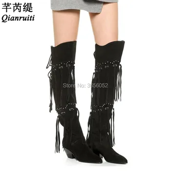 

Qianruiti New Black Suede Silver Studs Riding Botas Block Med Heel Tassel Shoes Women Pointed Toe Lace Up Fringe Knee High Boots