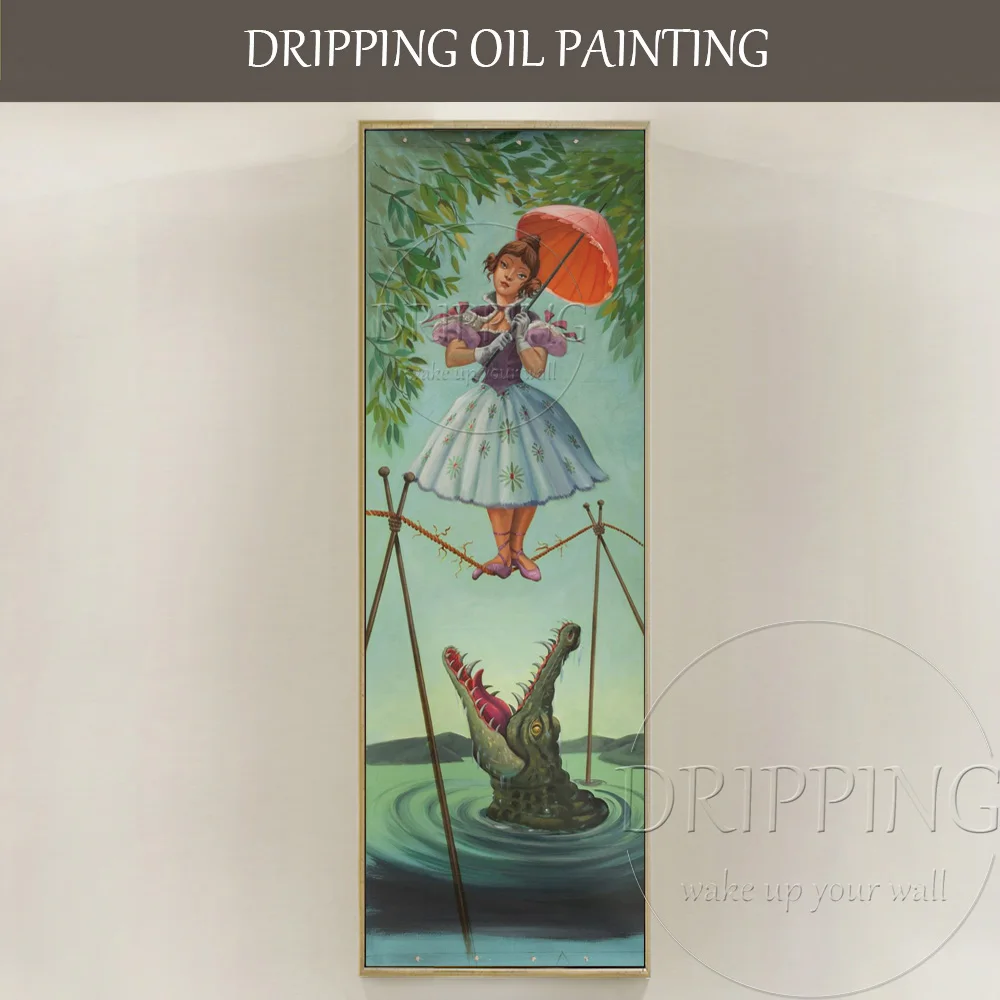 

High Skills Artist Hand-painted High Quality Modern Wall Art Picture Crocodile Wait for Lady Oil Painting Crocodile Oil Painting