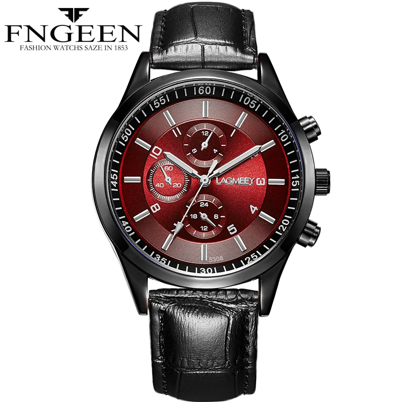 

FNGEEN Luxury Men's Watch Quartz Movement 3ATM Water Resistant Black Genuine Leather Boy Watch