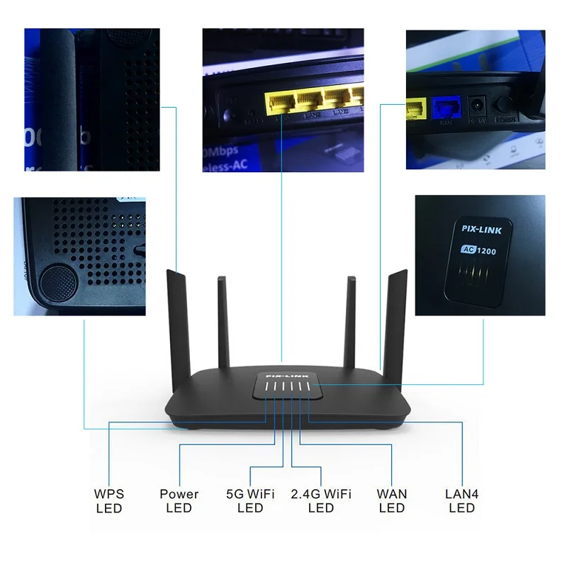 Умный двухдиапазонный Быстрый 2,4G/5G WiFi роутер AC 1200 Мбит/с, высокоскоростной двухдиапазонный Английский Прошивка 4 антенны с высоким коэффициентом усиления