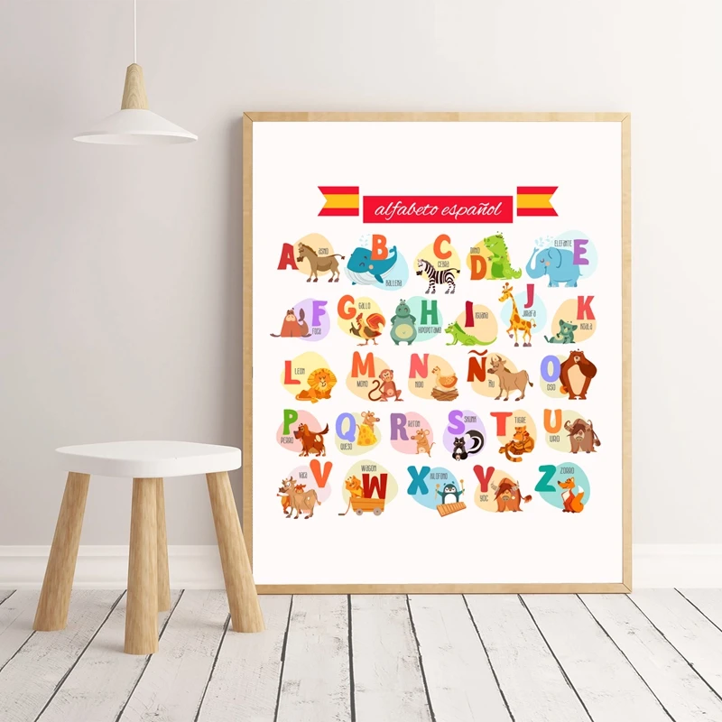 

Spanish Cartoon Alphabet With Animals Print Nursery Wall Art Canvas Painting Alfabeto espanol Education Poster Kids Room Decor