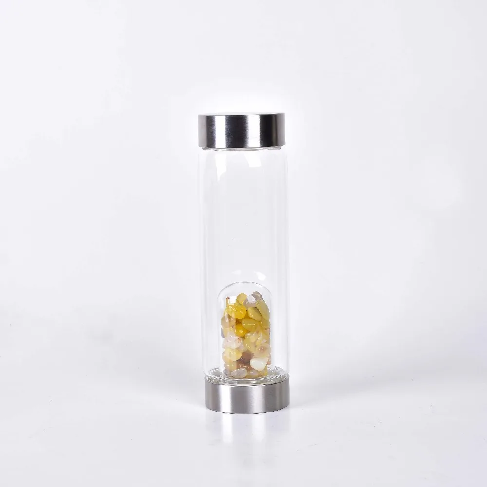 

Natural Quartz Glass Infused Crystal Aquamarine Gemstone sport Water Bottle With Crystal
