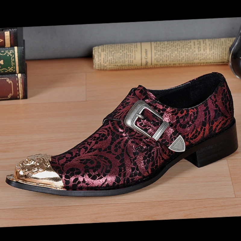 

Christia Bella Europe Vintage Red Pattern Men Party Leather Shoes Formal Prom Wedding Oxford Shoes Man Buckle Brogue Dress Shoes