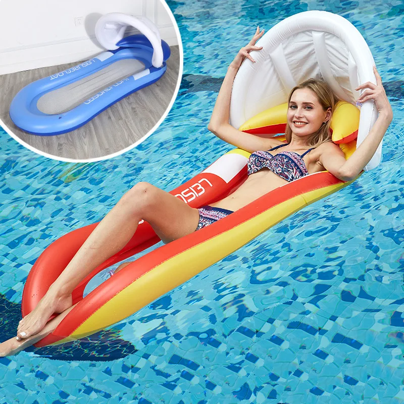 

160CM Giant Blue Red Mesh Inflatable Pool Float with Sunshade Lie-on Swimming Ring Summer Party Toys Air Mattress Beach Bed boia