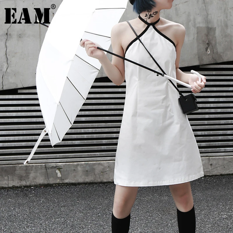 

[EAM] 2019 New Spring Summer Halter Sleeveless Thin Personality Backless Solid Temperment Dress Women Fashion Tide JY319