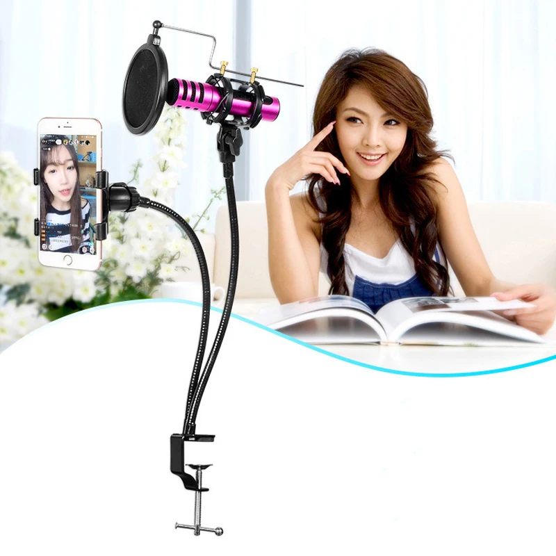 

Adjustable Table Double Flexible Tube Arm Stand with Phone Holder Clip & Microphone Holder Clip Set For Phone Photography Live