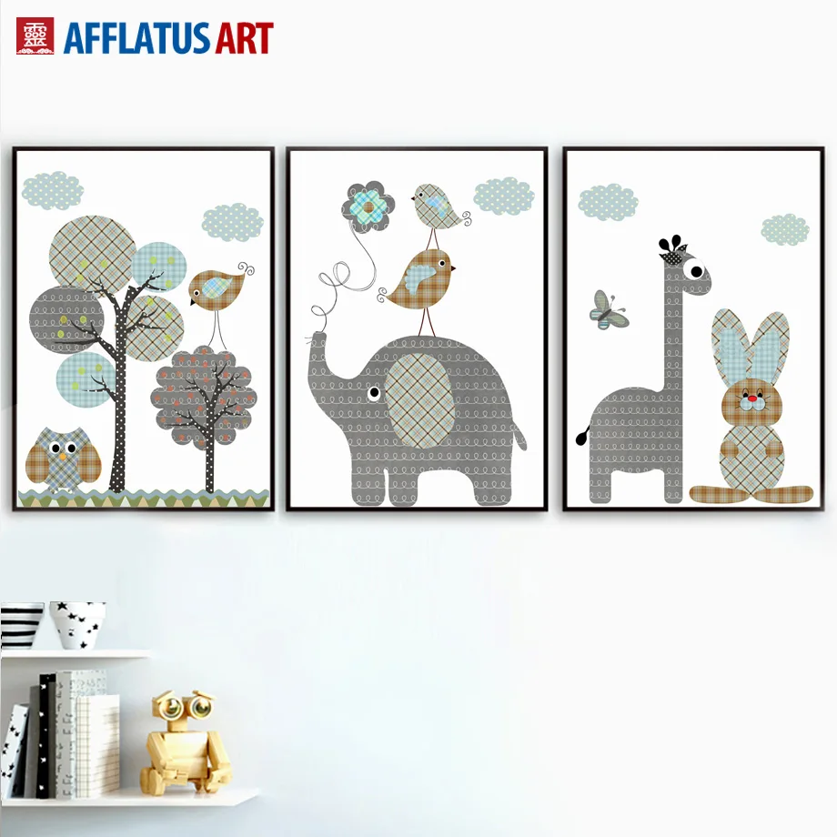 

AFFLATUS Rabbit Giraffe Elephant Wall Art Canvas Painting Posters And Prints Animals Wall Pictures Nordic Style Kids Decoration