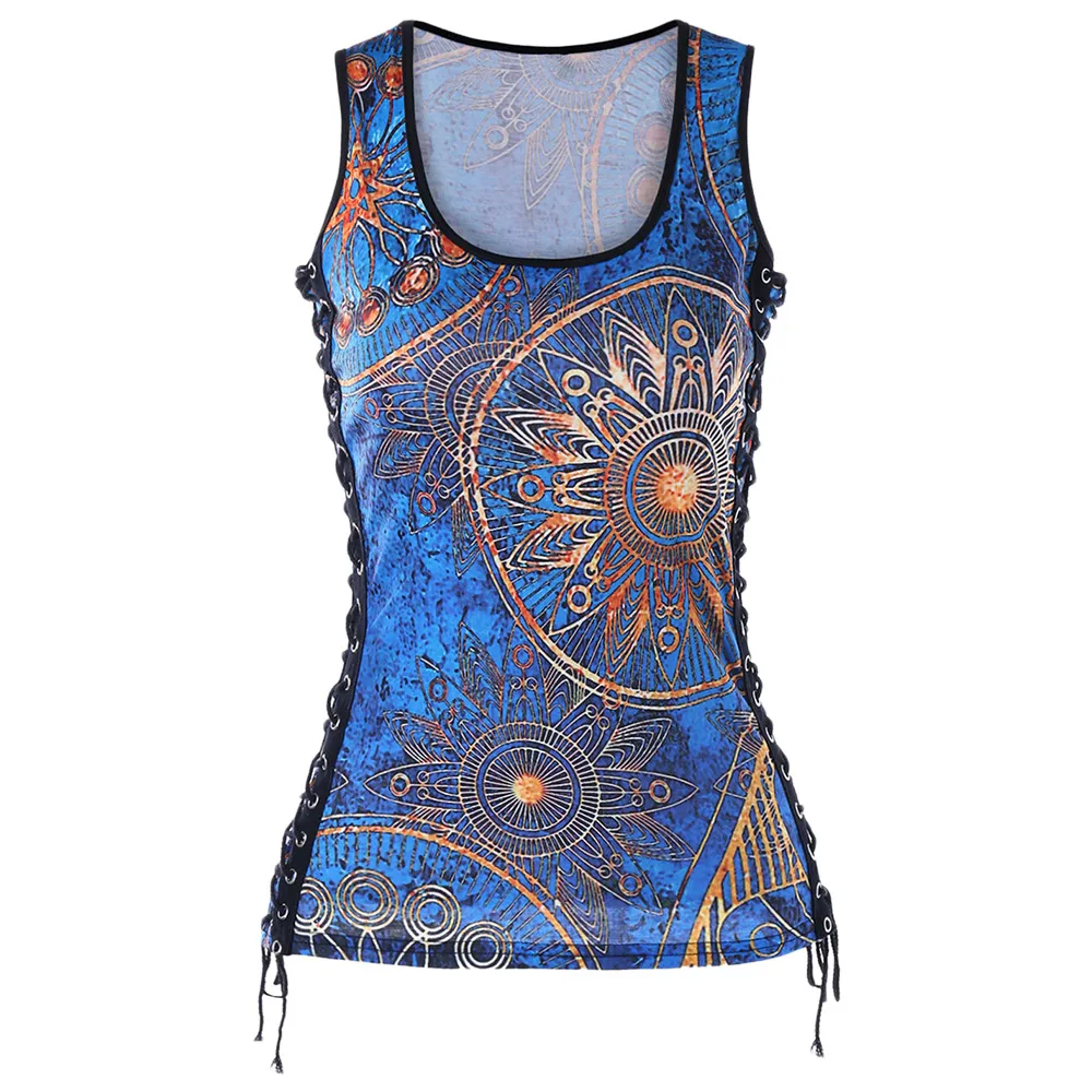 Gamiss Lace Up U Neck Tank Top 3D Print Lace Up Tank Top Women Casual