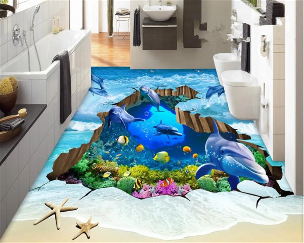 beibehang 3d wallpaper Waves 3D dolphins cracks underwater world stereoscopic flooring can be customized fashion room wall paper