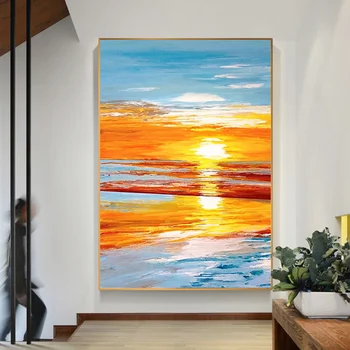 

Pure hand-painted oil painting sunrise large size living room decoration painting modern office porch hanging steaming day mural