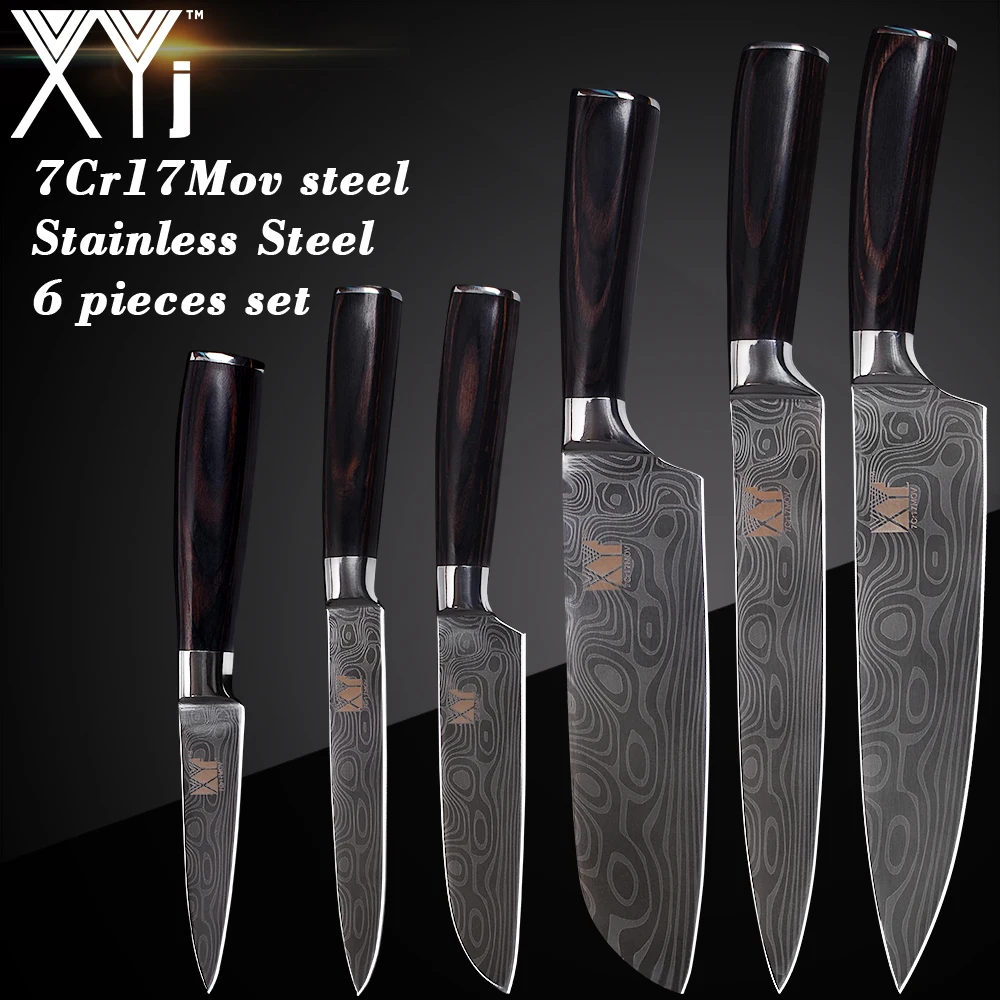 

XYj 7cr17 Stainless Steel Kitchen Knife Sets Accessories Damascus Veins Chef Slicing Santoku Utility Paring Knife Cooking Tools