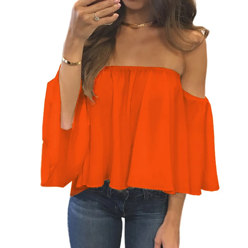 

Cropped Tops 2019 Kawaii Summer Shirts Flare Sleeve Blusa Feminina Women Blouse Chiffon Blusas Sexy Off Shoulder Top Party GV632