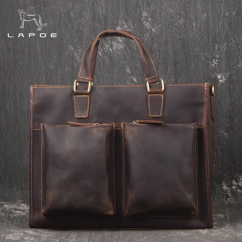 

LAPOE New Men Briefcases Genuine Leather Handbag Vintage Laptop Briefcase Messenger Shoulder Bags Men's Bag
